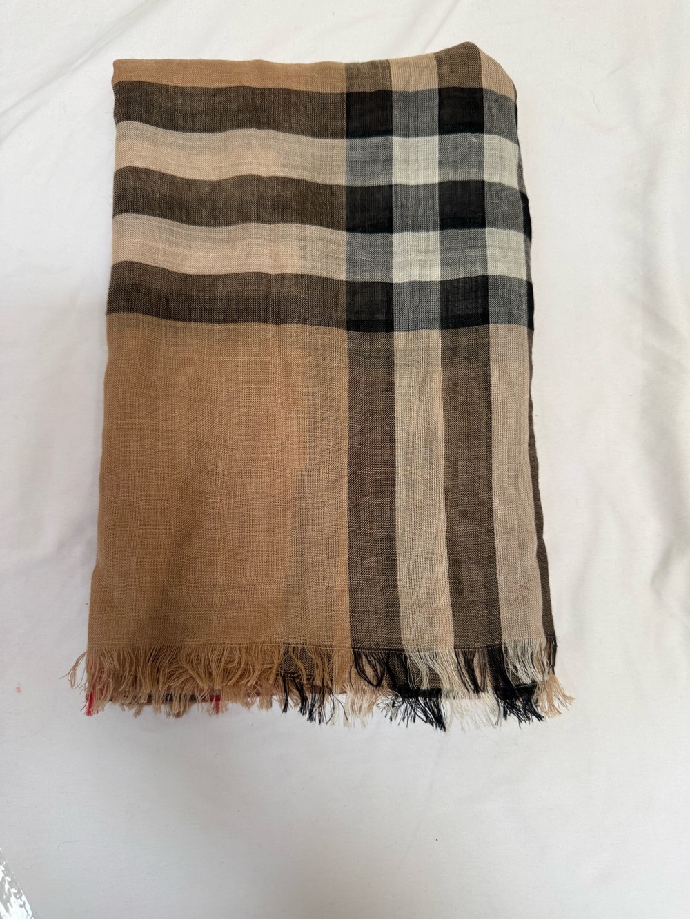 Burberry Tan Plaid Scarf with Black, White & Red Stripes - Picture 9 of 10